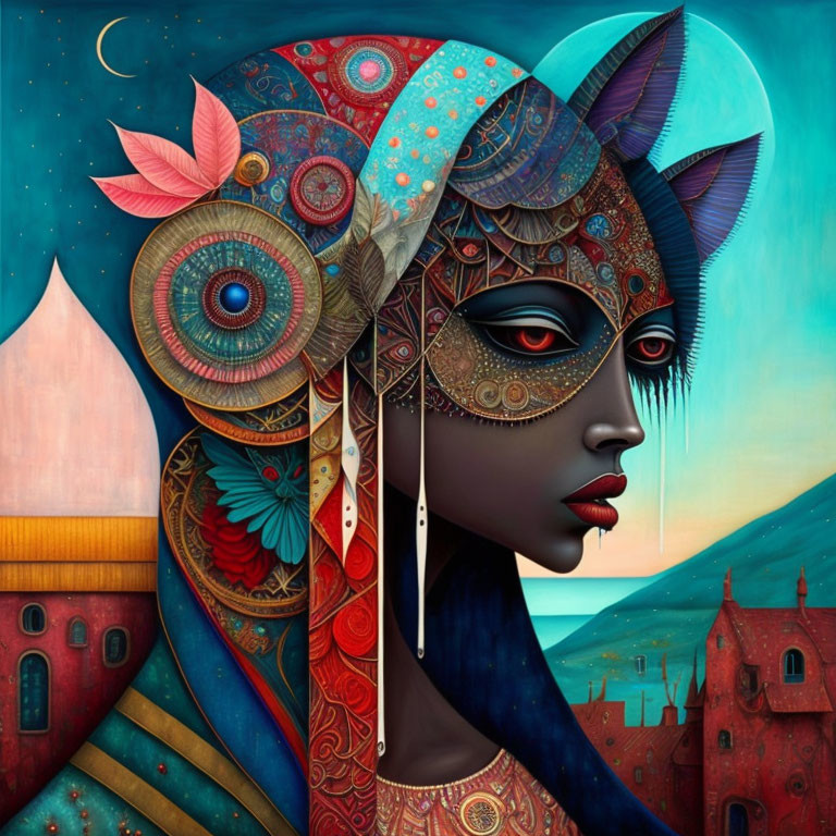 Colorful portrait of woman with intricate headdress, crescent moon, and buildings in the background