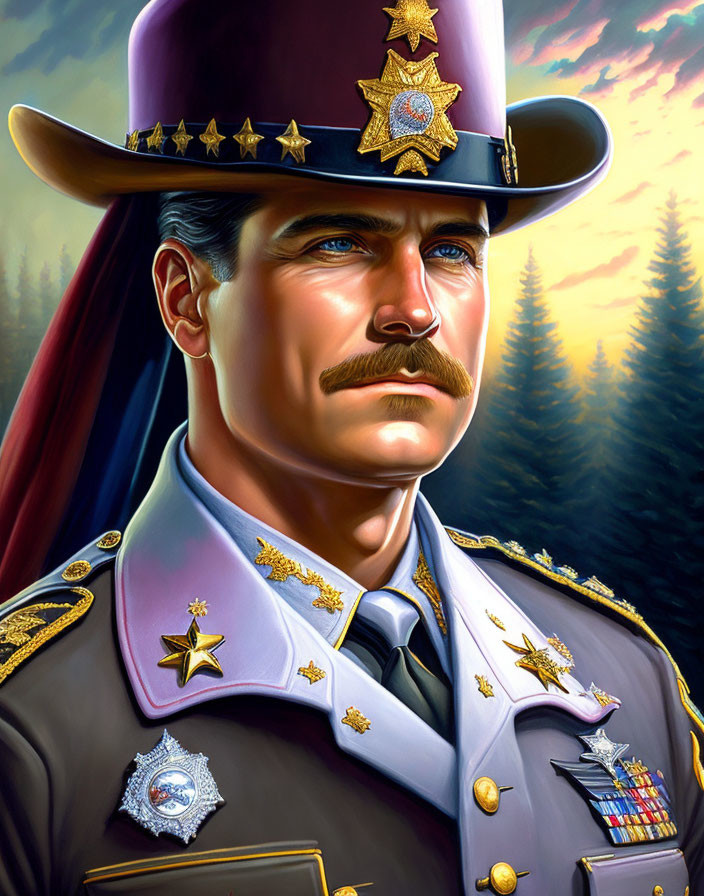 Distinguished man with mustache in decorated uniform and sheriff's hat among pine trees