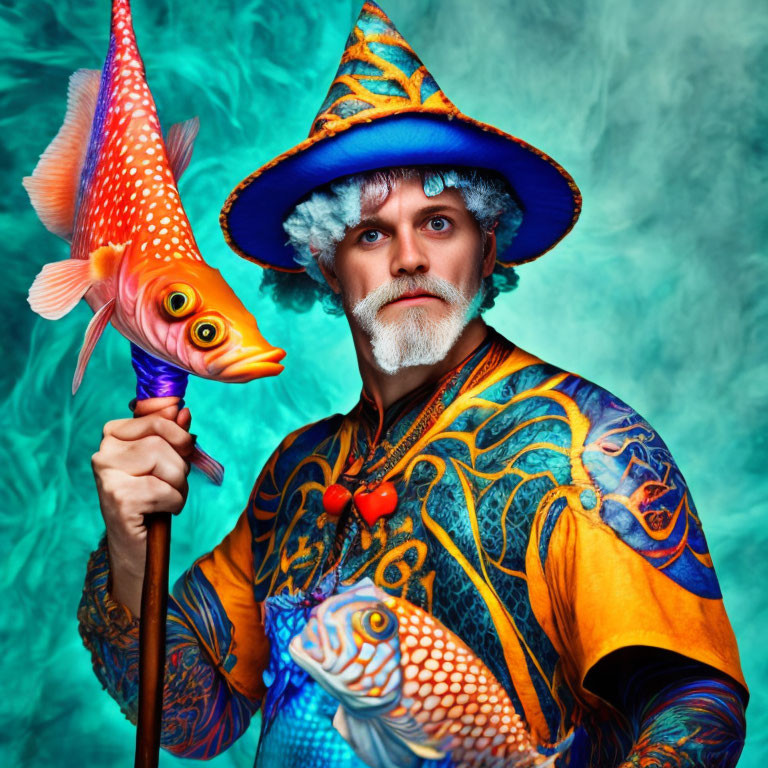 Colorful wizard with orange fish staff on teal background