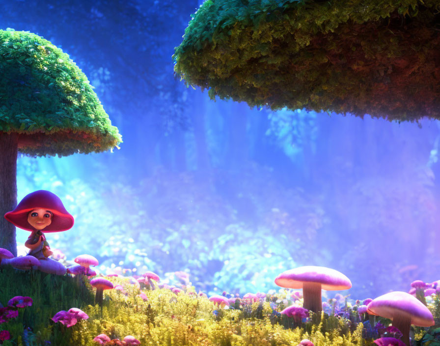 Colorful forest scene with oversized mushrooms and gnome-like character resting under a tree