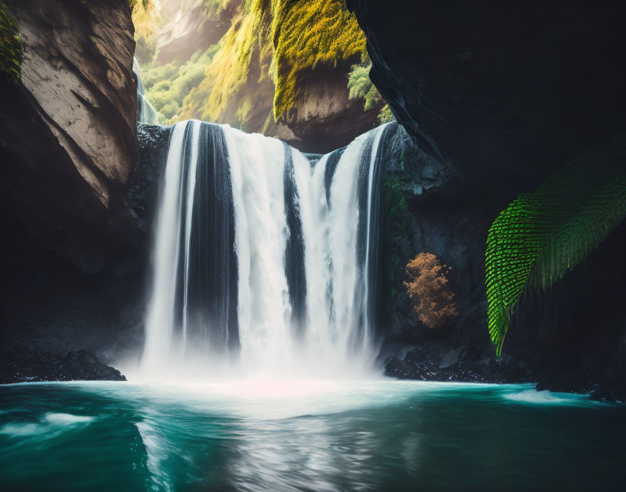 Tranquil waterfall cascading into serene pool with lush cliffs and greenery