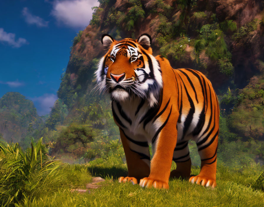 Majestic tiger in lush green setting with cliffs and blue skies