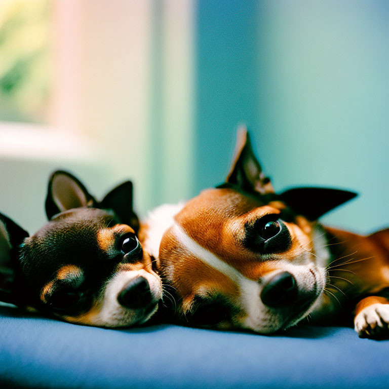 Two dogs lying close together: larger dog's face in focus, smaller one peeking from behind