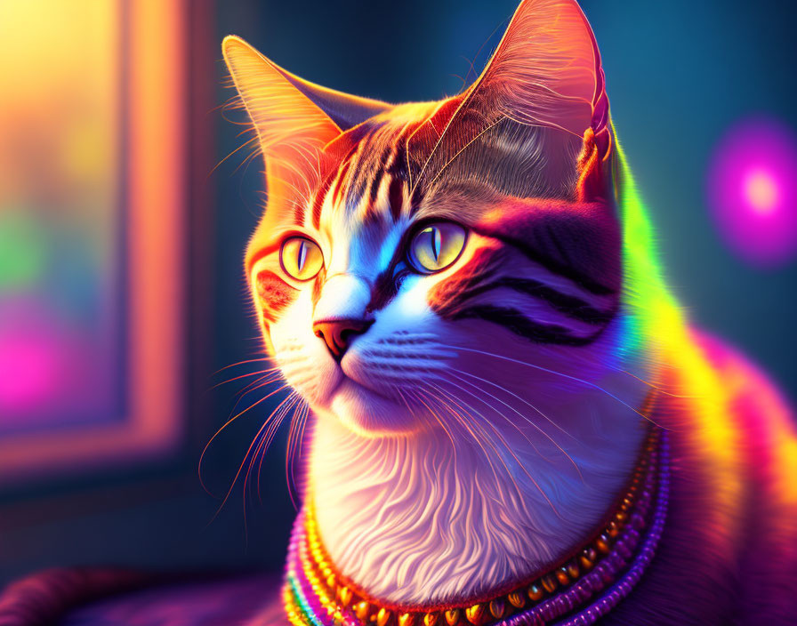 Colorful Lights Illuminate Domestic Cat with Striking Yellow Eyes