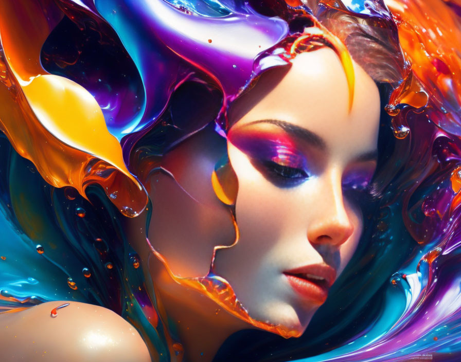 Abstract surreal portrait blending woman's face with vibrant swirling colors