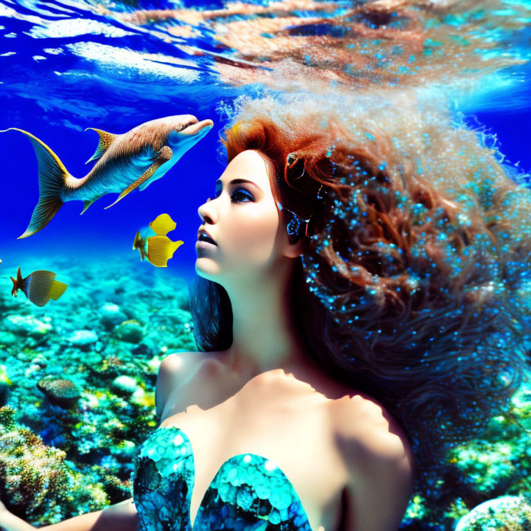 Mermaid with flowing hair surrounded by tropical fish and coral reef