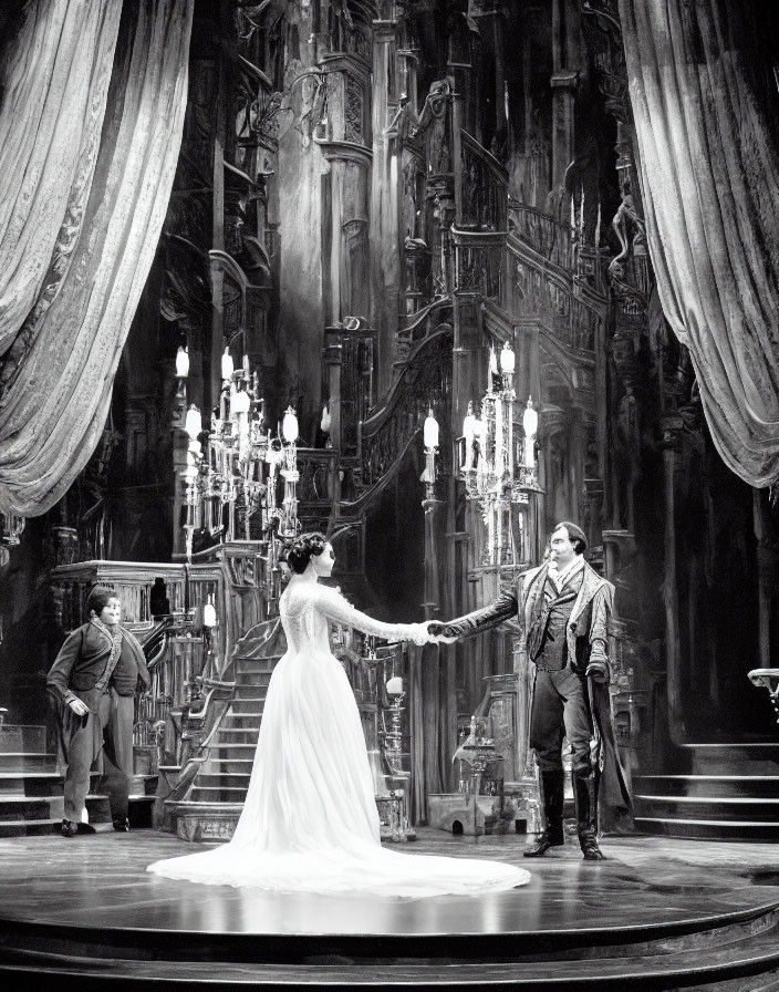 Monochrome theatrical stage with Gothic architecture and actors in period costumes