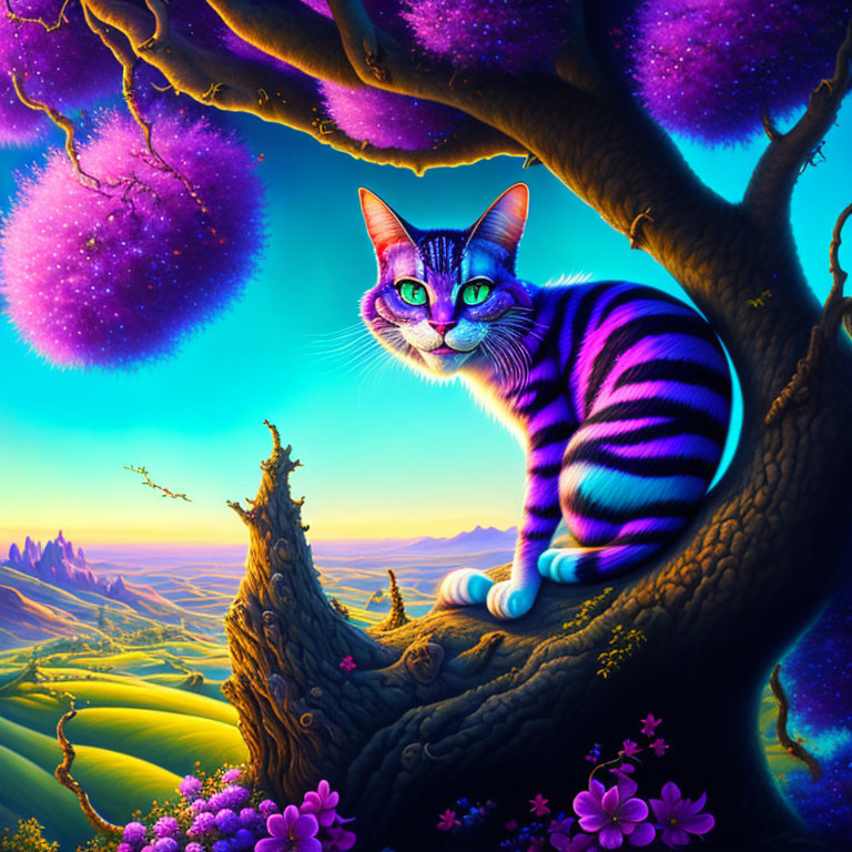 Striped cat with green eyes in surreal alien landscape