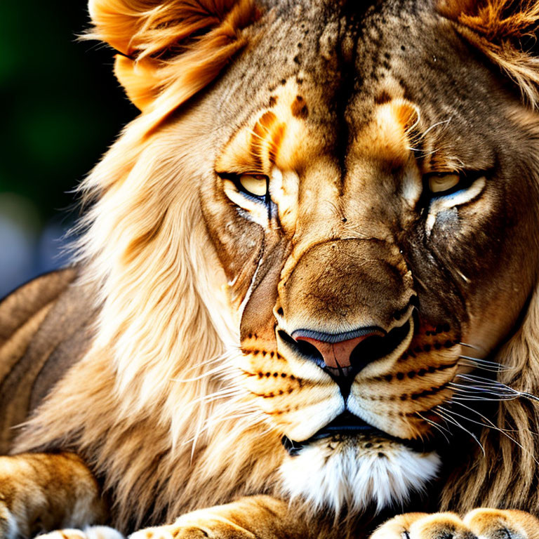 Detailed Close-Up of Lion's Intense Gaze and Rich Mane