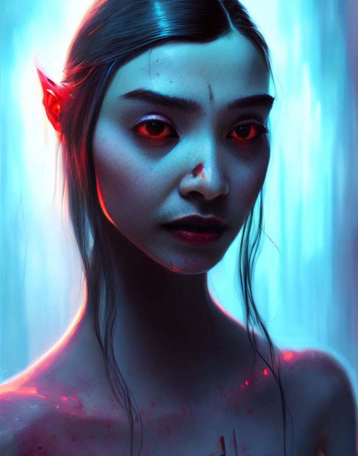 Digital portrait of otherworldly female figure with pointed ears, red eyes, neon highlights on blue backdrop