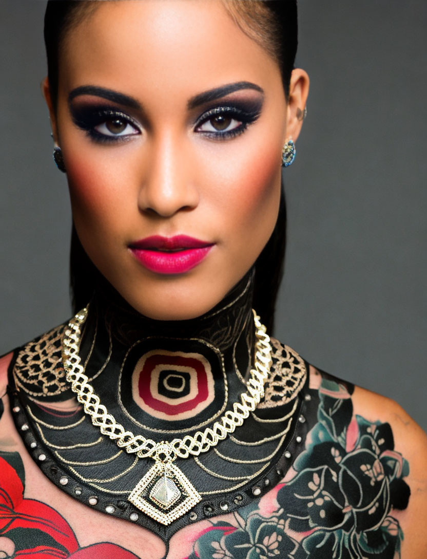 Woman with bold makeup and statement necklace in front of gray backdrop