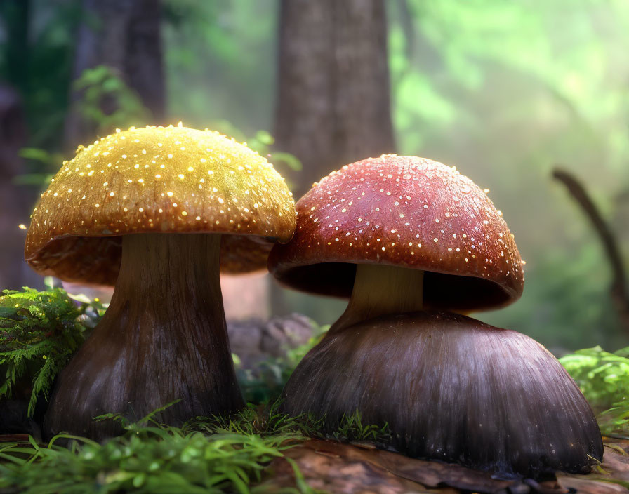 Textured yellow and red mushrooms in mossy forest with soft light.