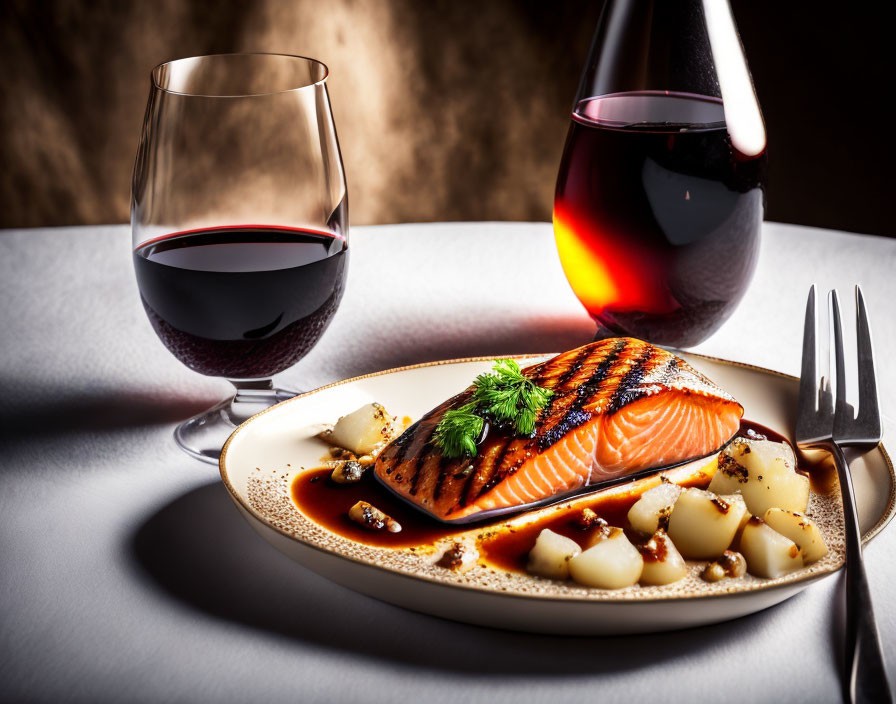 Grilled salmon with scalloped potatoes and red wine on elegant table setting