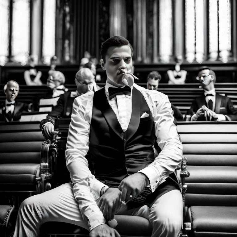 Elegant men in tuxedos with roses in a grand hall