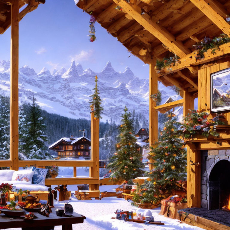 Winter porch decor with snowy mountain view and Christmas theme.