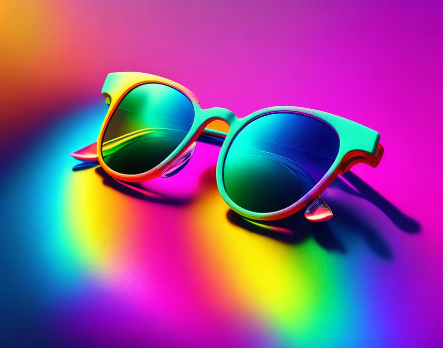 Vibrant sunglasses with blue lenses on gradient pink and yellow backdrop