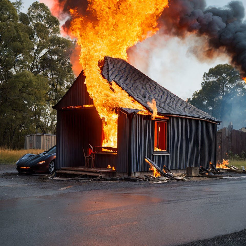 Burning house with fire burst and sports car nearby