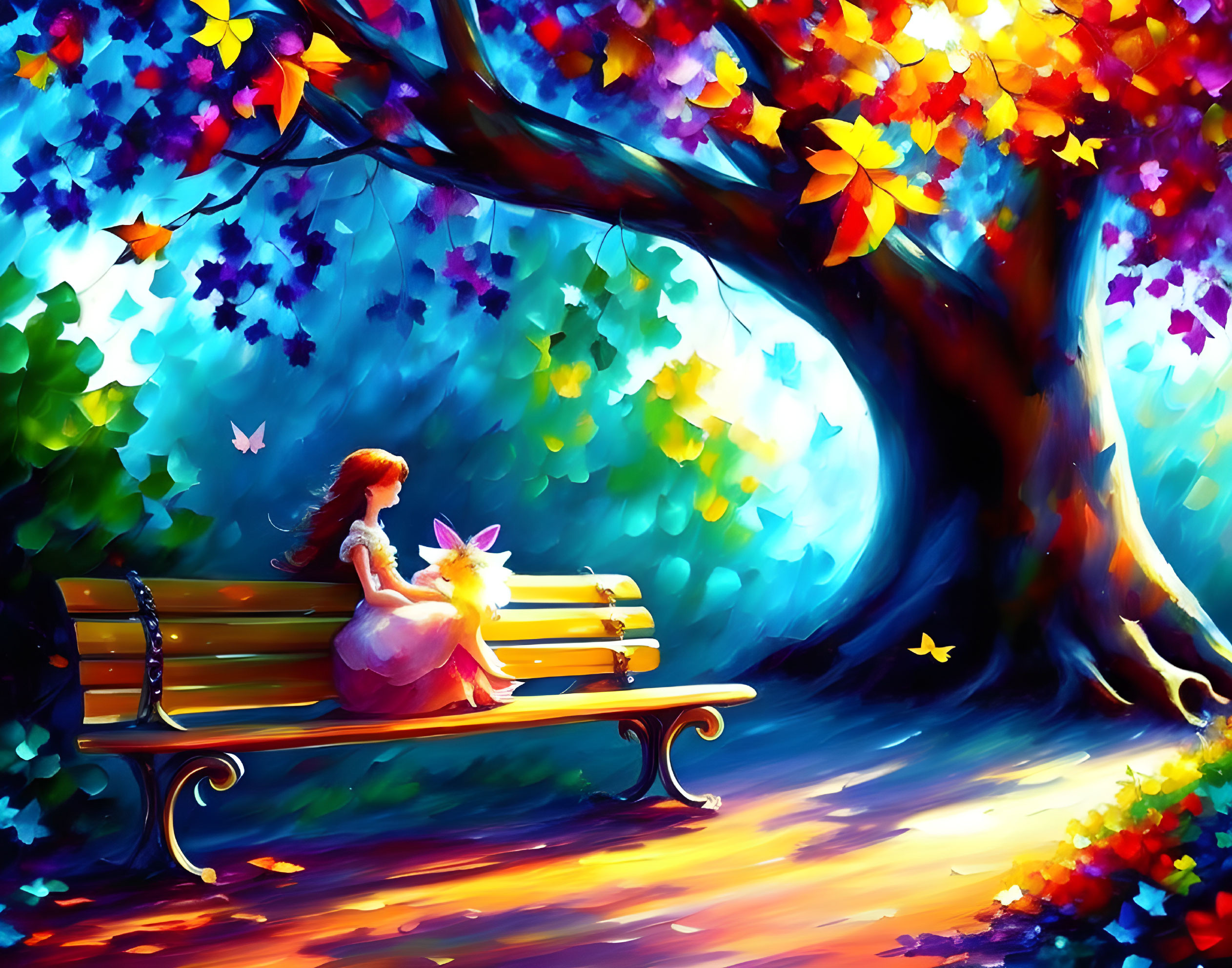 Girl in Pink Dress with Cat Under Colorful Tree and Butterflies