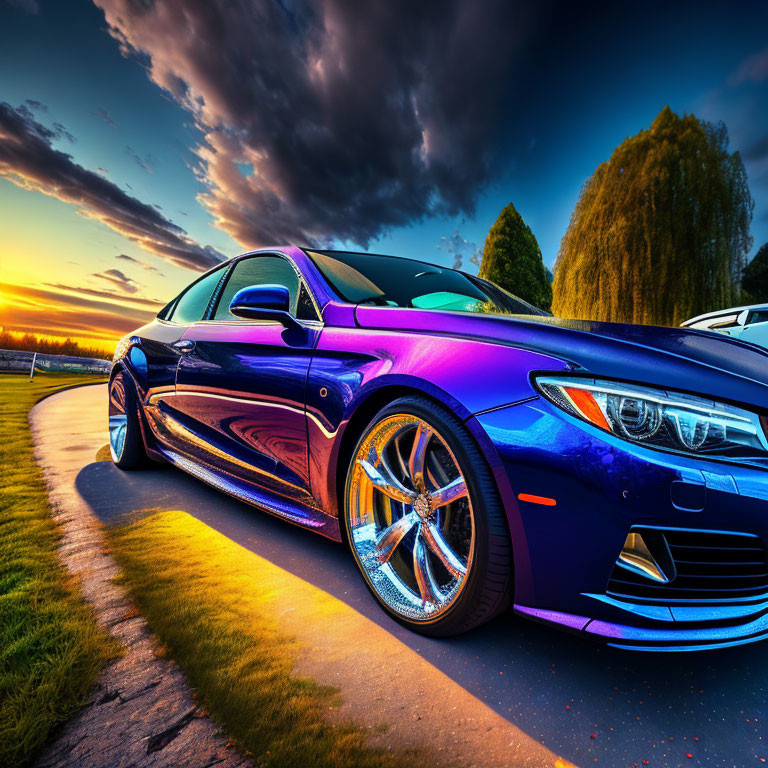 Vibrant blue sports car with chrome wheels at sunset