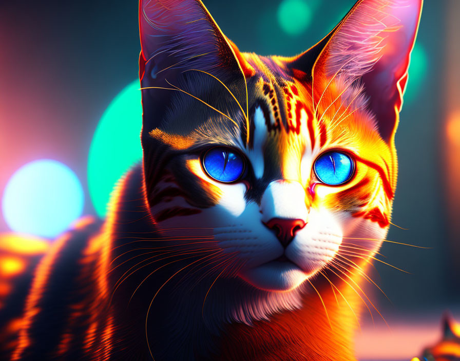 Colorful Digital Artwork: Orange Tabby Cat with Blue Eyes and Bokeh Lights