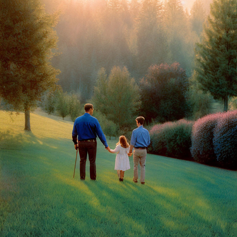 Family with child walking in grassy field at sunset surrounded by trees