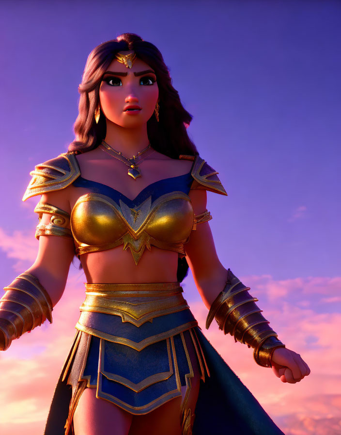 3D animated female character in golden and blue armor with long hair on purple and orange sky background