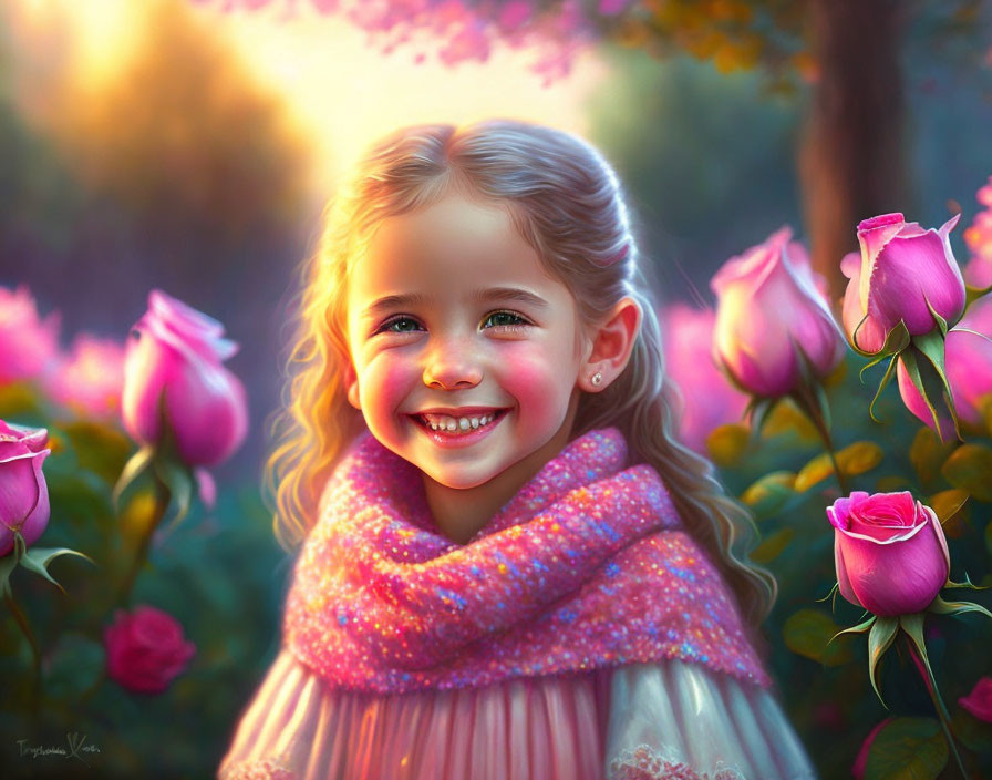 Smiling young girl with blonde hair in enchanted garden scene