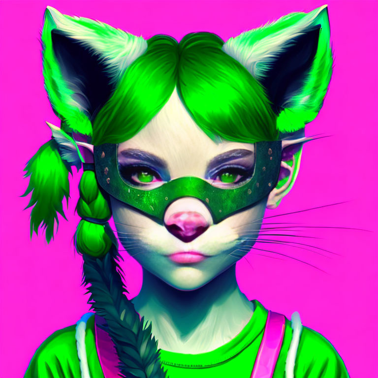 Person with Feline Features and Green Hair on Pink Background