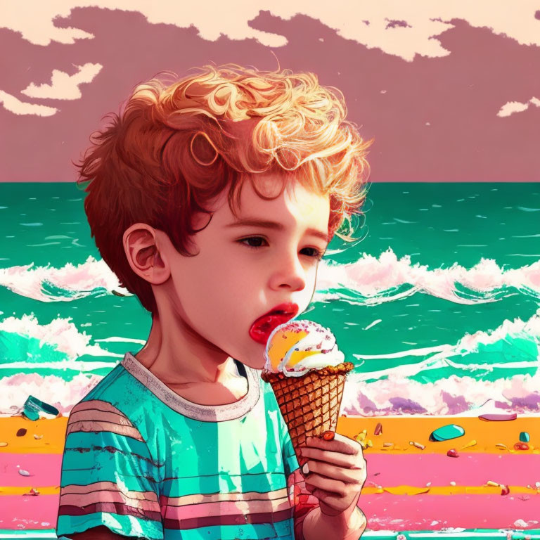 Curly-Haired Child Eating Ice Cream on Beach