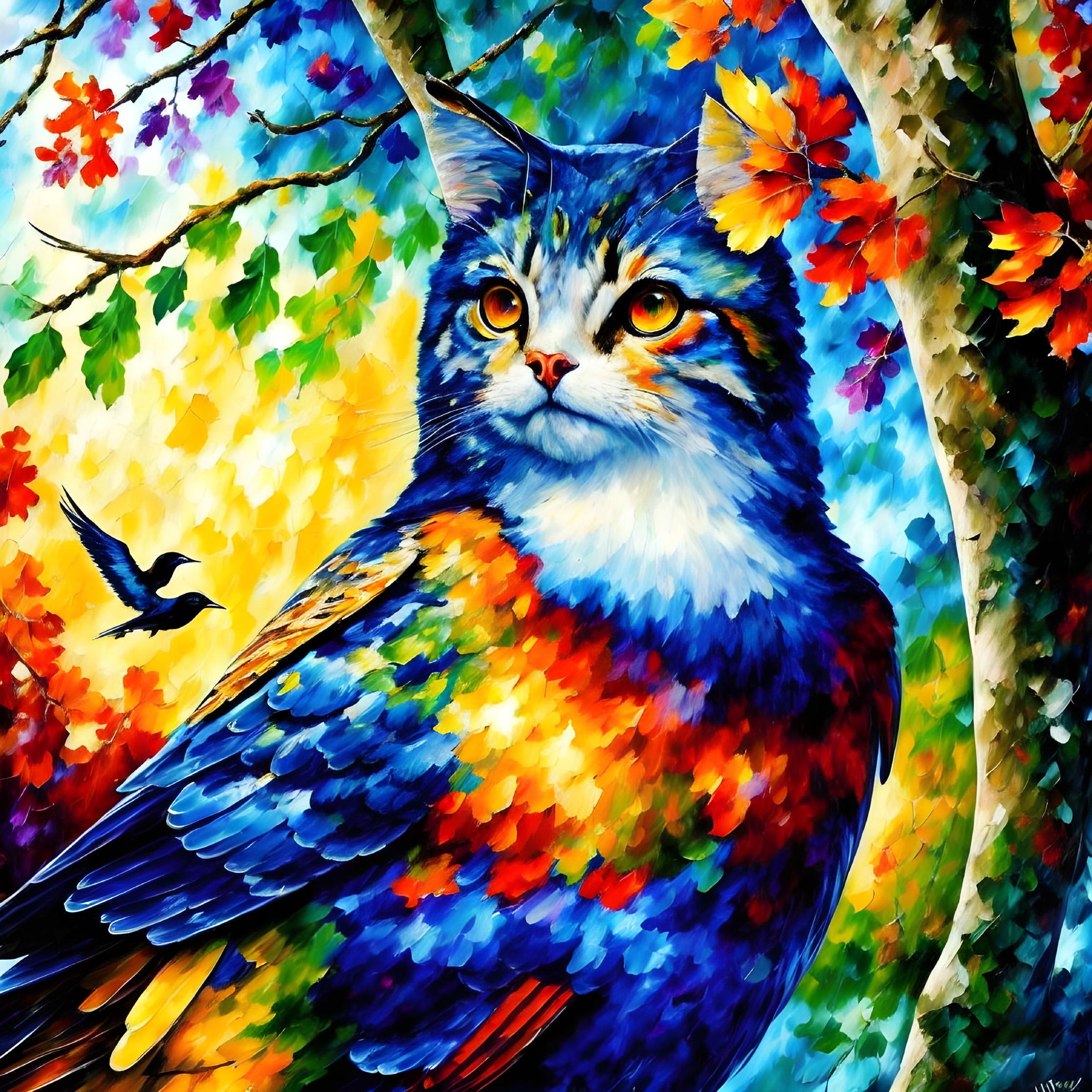 Colorful painting of cat-owl creature in autumn forest scene