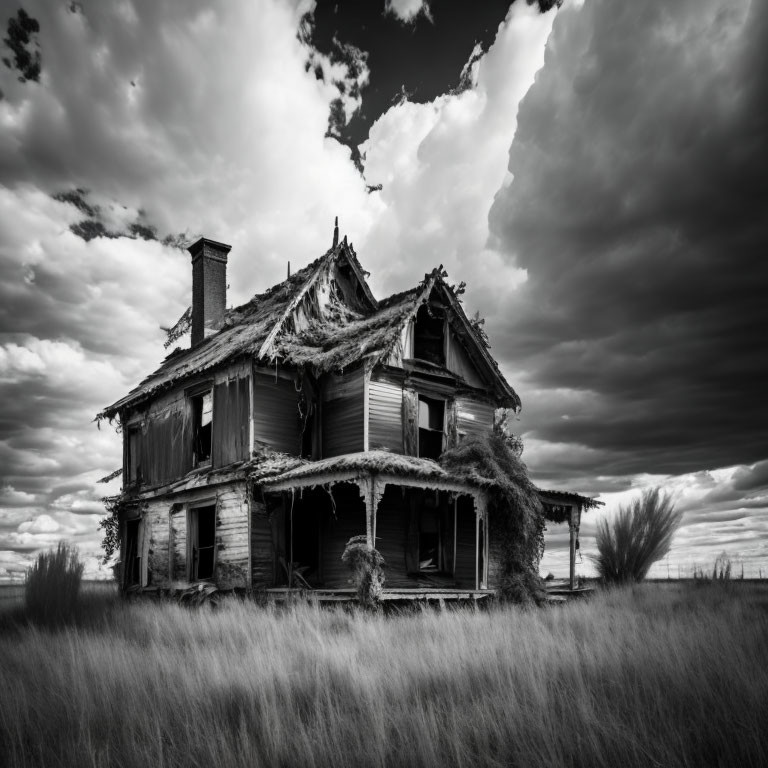 Dilapidated two-story house with broken roof in monochrome landscape