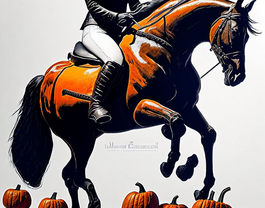 Stylized orange and white horse rider jumping over pumpkins