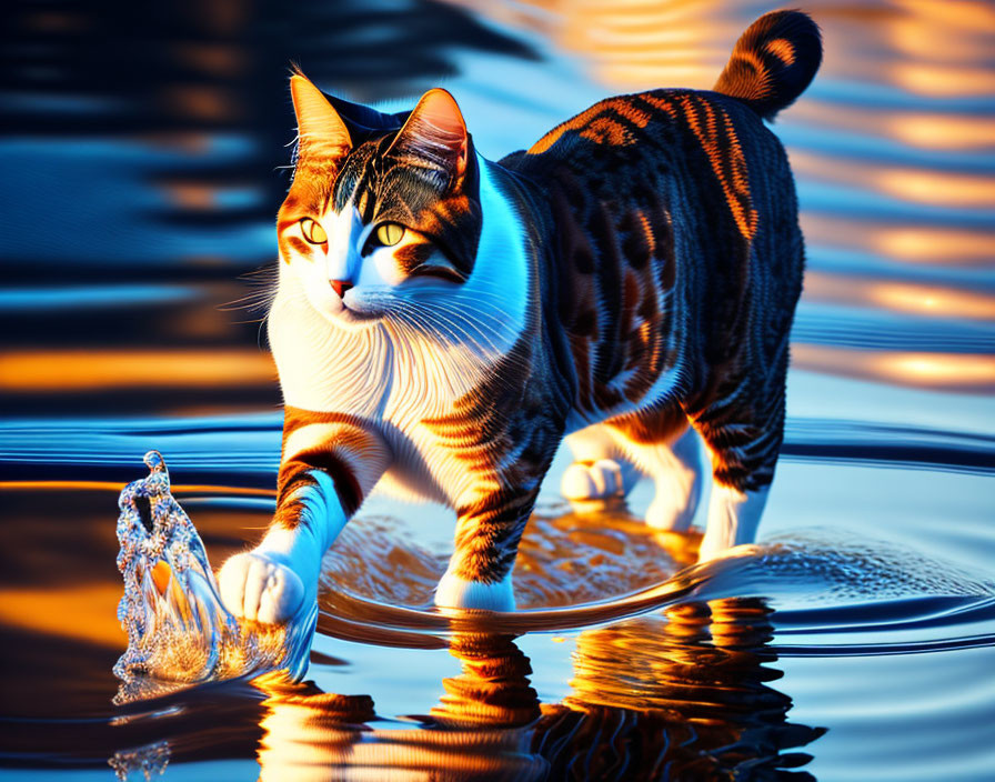 Striped cat creates splash in orange and blue water patterns