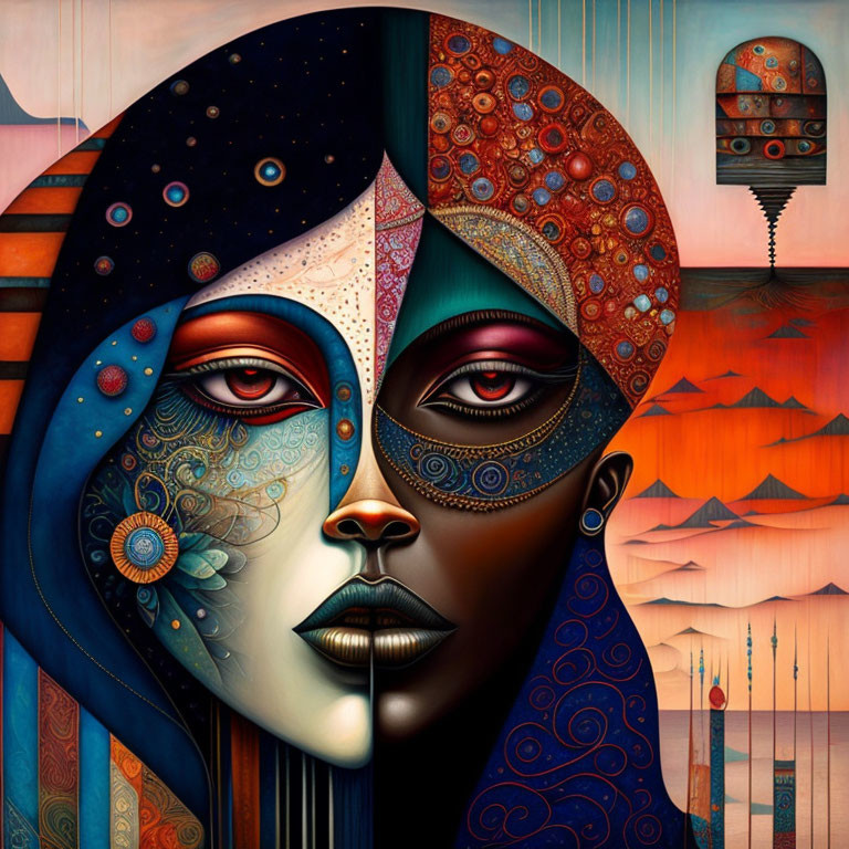 Surrealist dual-faced art with day and night themes and intricate patterns