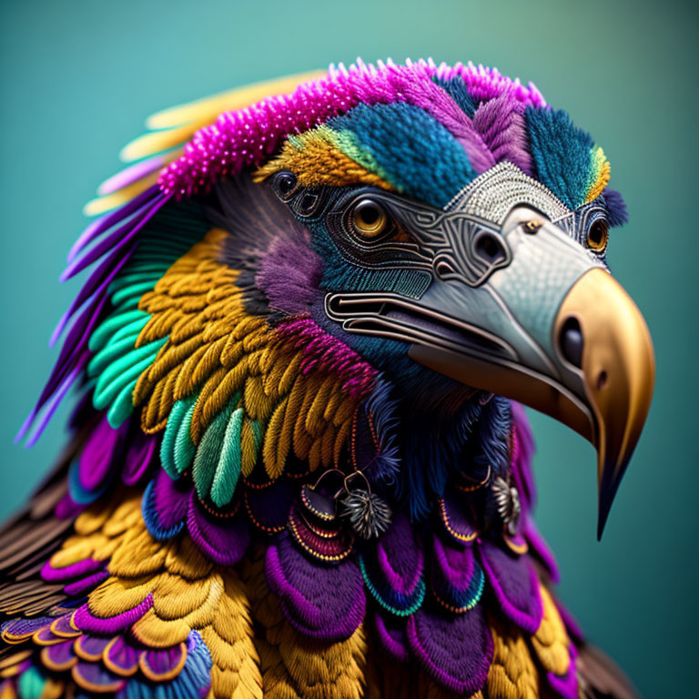 Colorful Digital Artwork: Eagle with Purple to Yellow Feathers