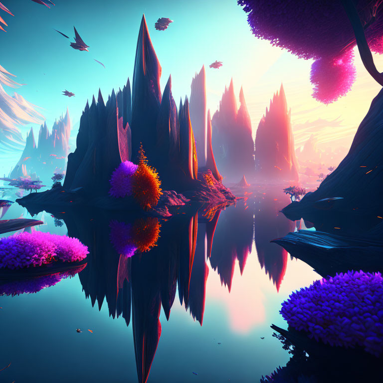 Fantastical landscape with neon foliage, mountains, calm waters, and flying creatures