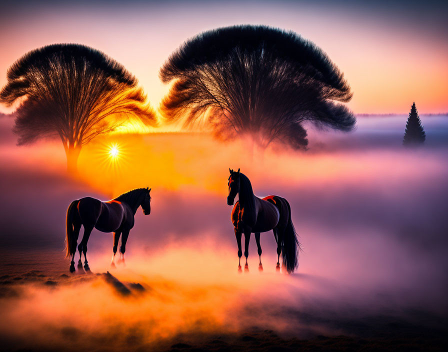 Misty field at sunrise with two horses and silhouette trees