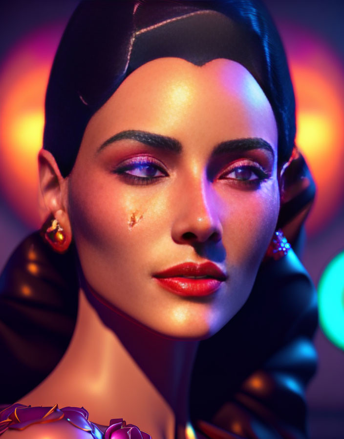 Detailed Close-Up of Woman with Glamorous Makeup and Teardrop in Colorful Neon Light