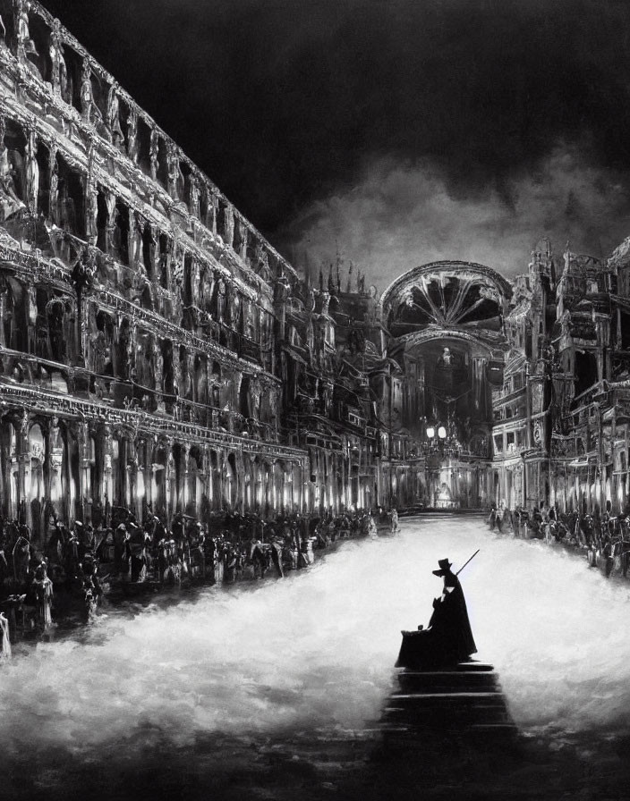 Monochromatic artwork of figure in boat surrounded by gothic buildings