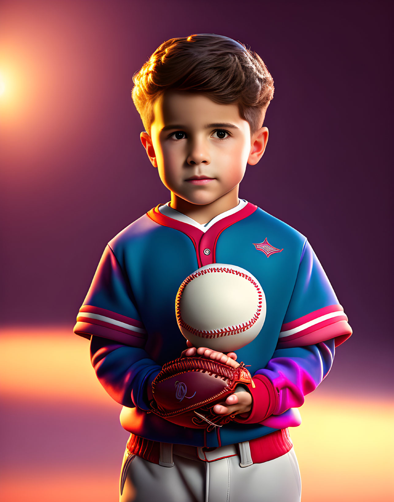 Serious young boy in colorful baseball uniform holding glove and ball