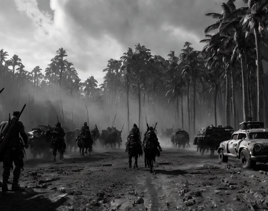 Monochrome image of warriors on horseback with vintage vehicles in palm forest