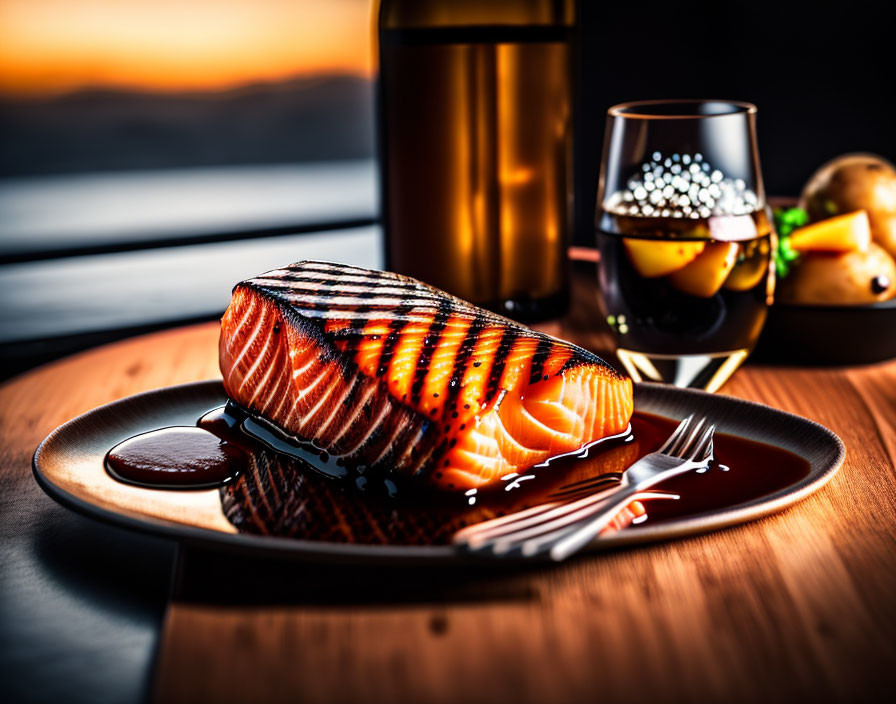 Grilled Salmon Fillet with Sesame Seeds, Wine, and Sunset Background