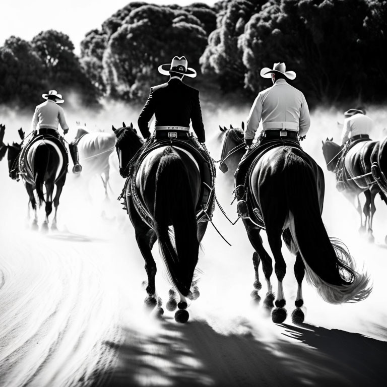 Cowboys on horseback riding in high-contrast black and white scene.