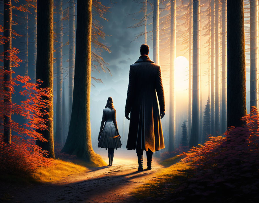 Man and woman walking in mystical forest with golden sunlight