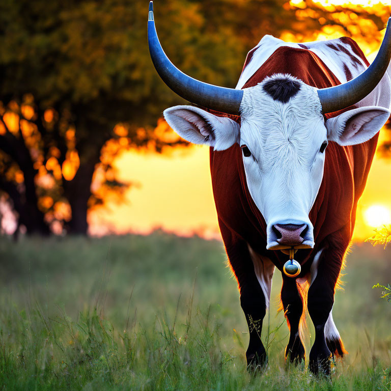 Large-Horned Cow in Field at Sunset with Warm Light and Trees