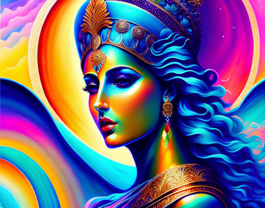 Vibrant digital artwork of stylized woman with flowing hair and ornate jewelry on psychedelic background