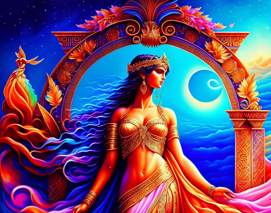 Colorful artwork of woman with headdress under crescent moon surrounded by waves and flames