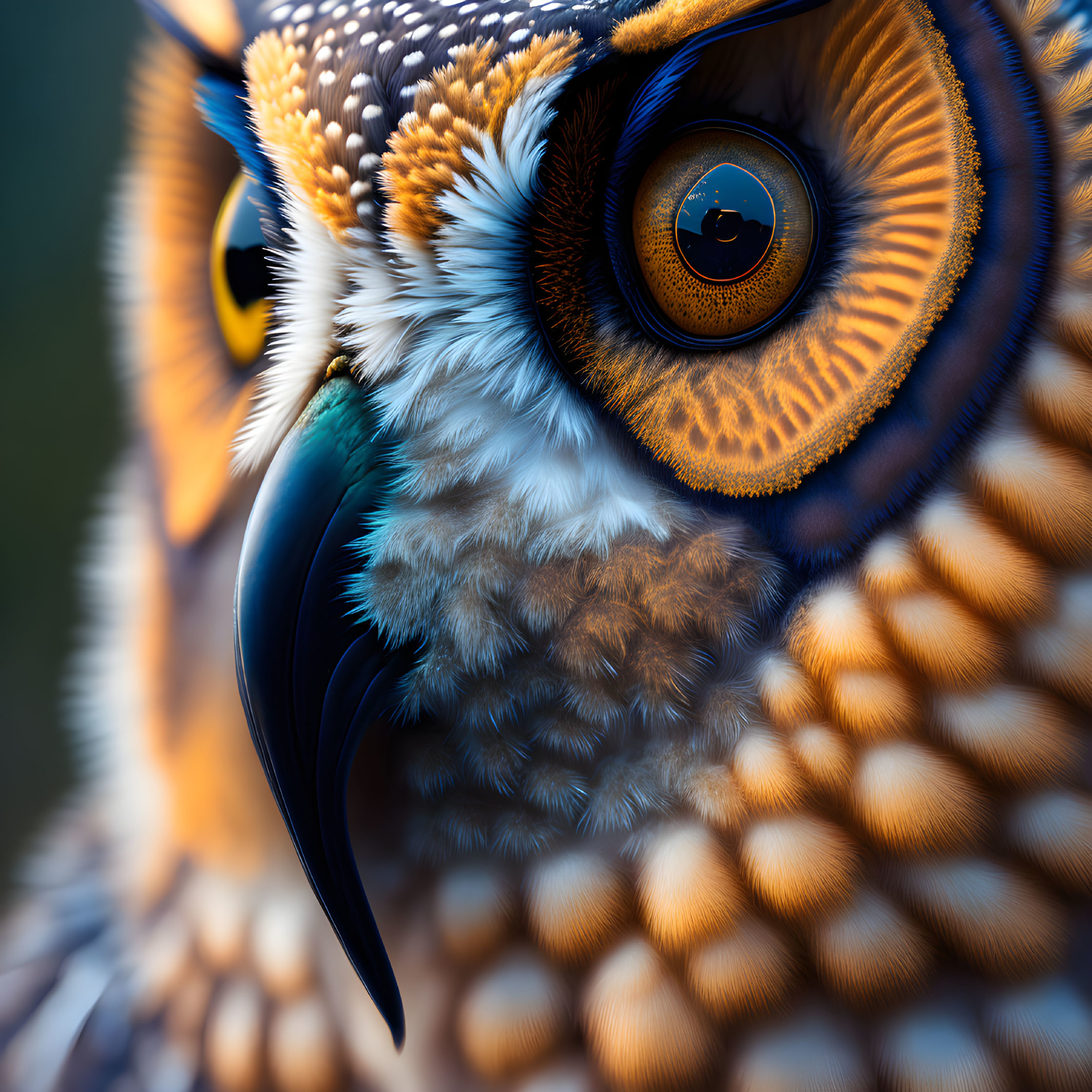 Detailed Owl Portrait with Vivid Orange Eyes and Sharp Beak