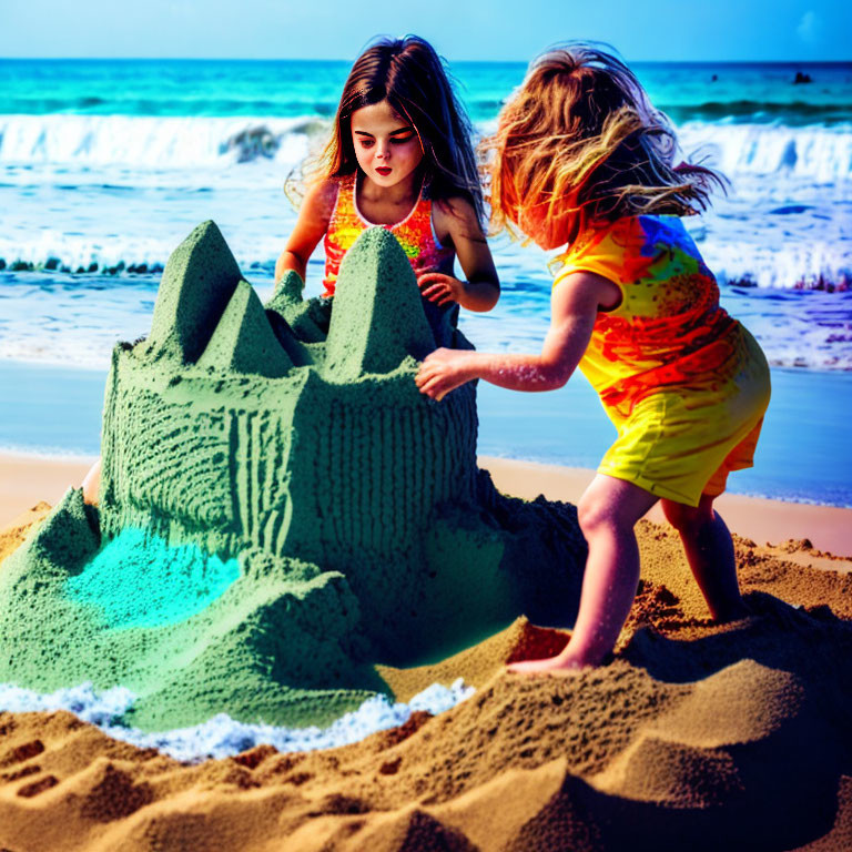 Children building sandcastle on beach with ocean background