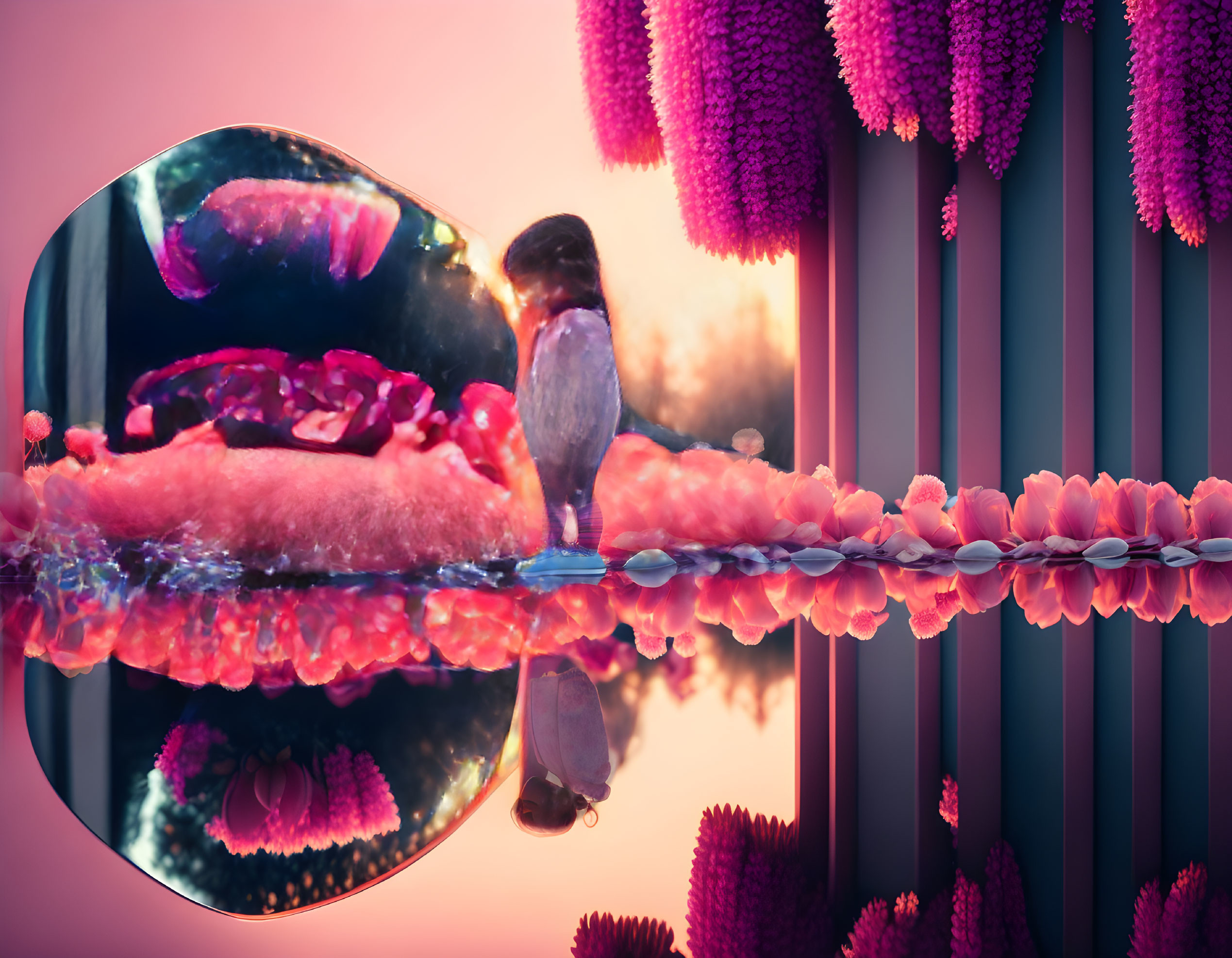 Bird perched by serene water with surreal floating flowers and planet on pink background.